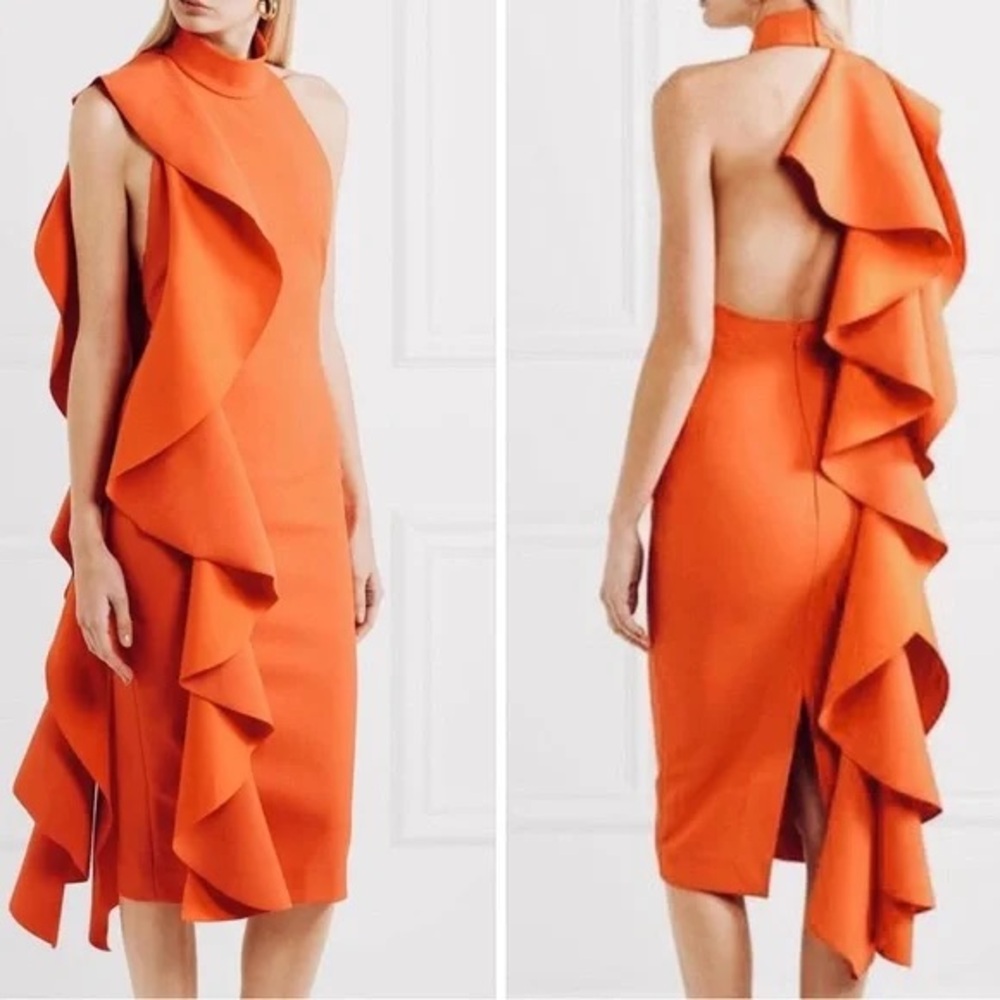 Worn Once-Elegant Orange Ruffle Midi Dress